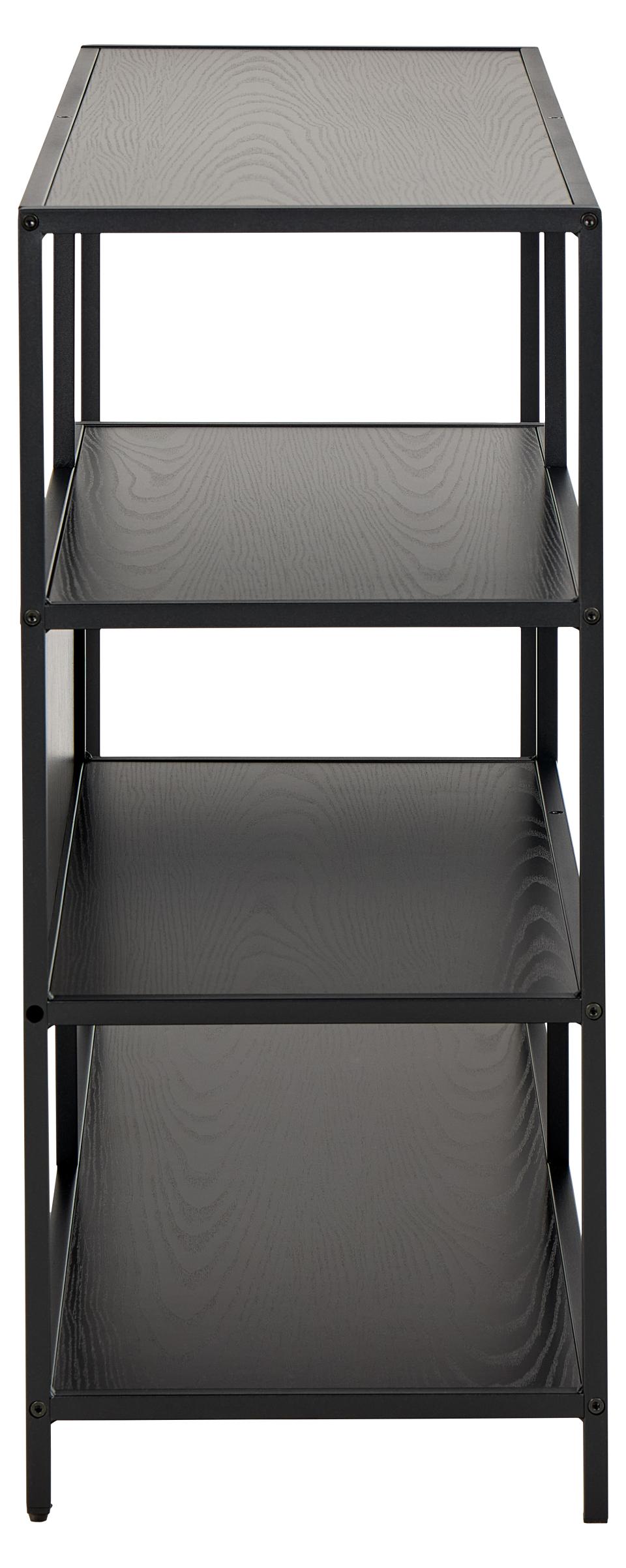 Black metal shelf with three tiers on a white background