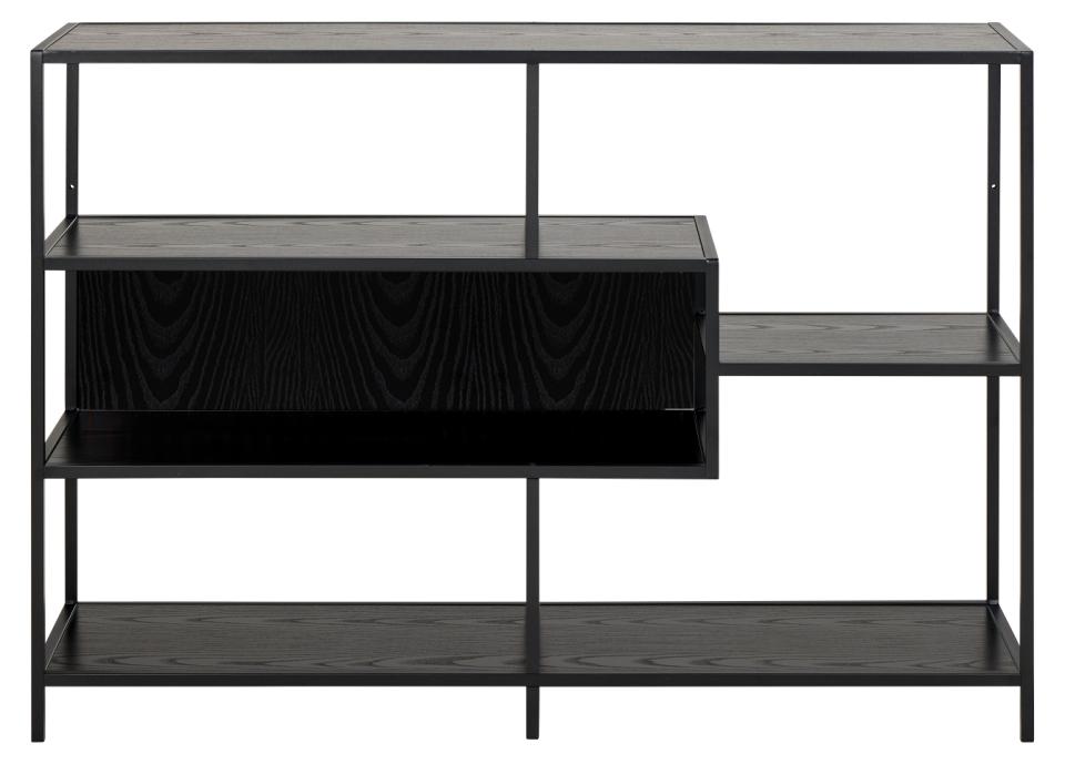 Black metal shelving unit with multiple shelves on a white background
