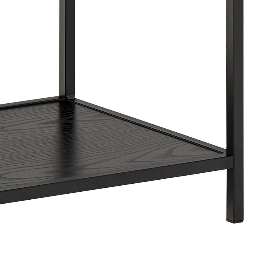 Black metal shelf with a white background
