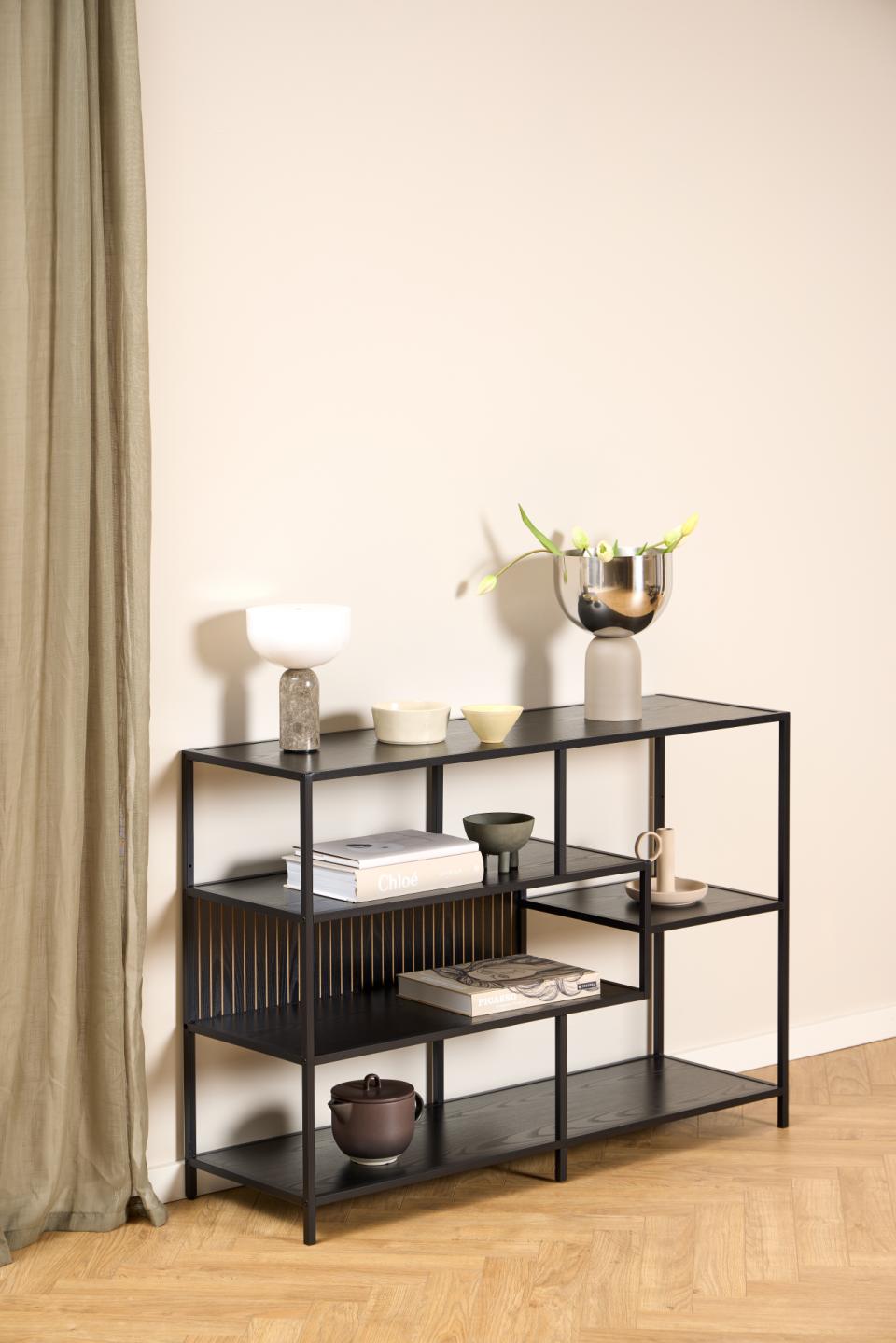 Seaford Stylish Panel Bookcase Shelf Unit In Black With Wood Shelves And Metal Frame 114x35x78 cm