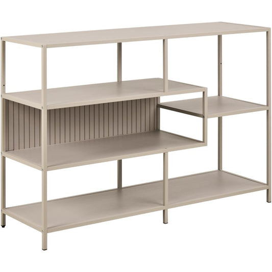 Beige metal shelving unit with multiple shelves on a white background