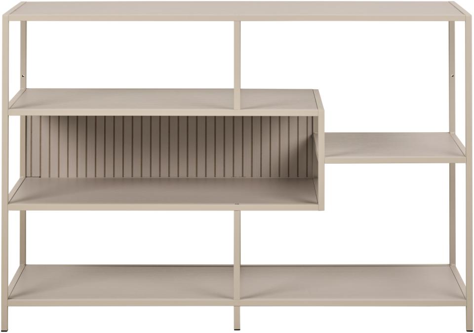 Beige bookshelf with multiple shelves on a white background