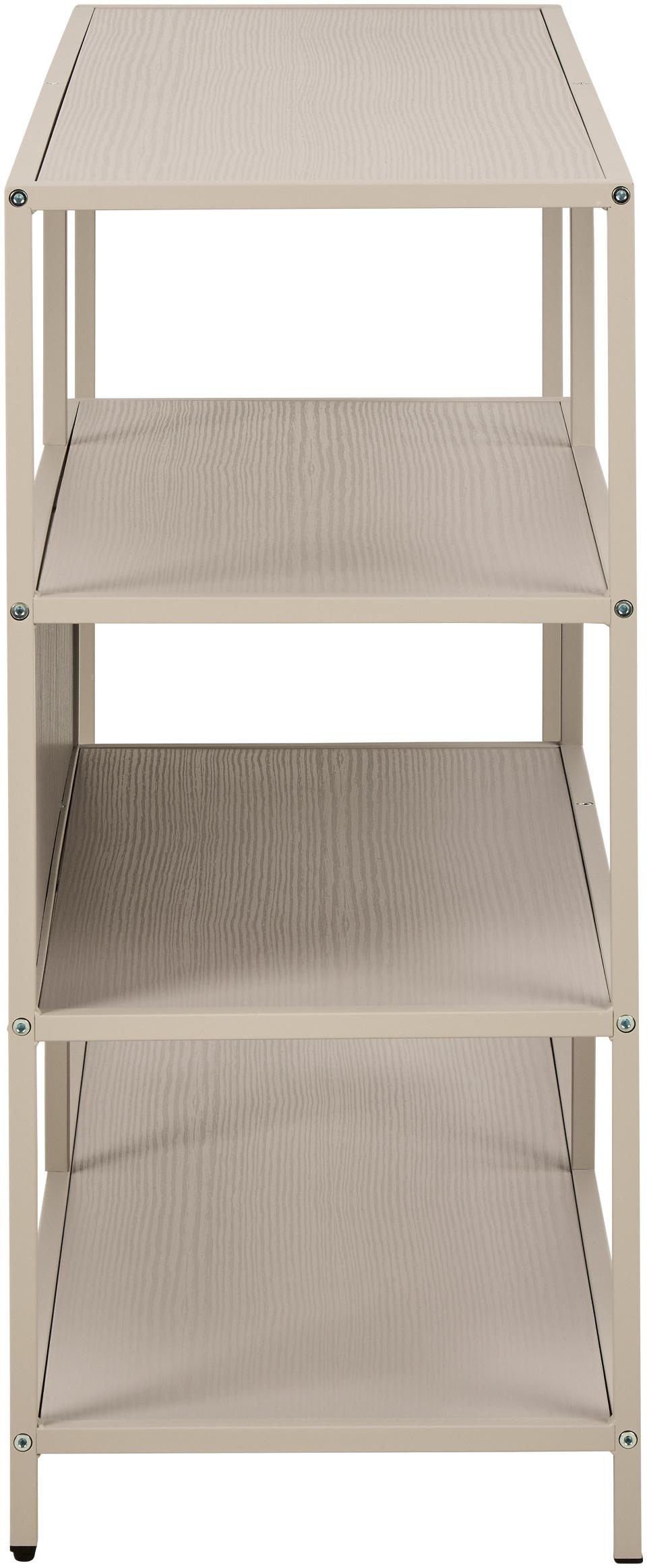 Beige metal shelf with three shelves on a white background