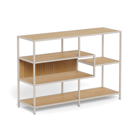 Wooden shelf with metal frame on a white background