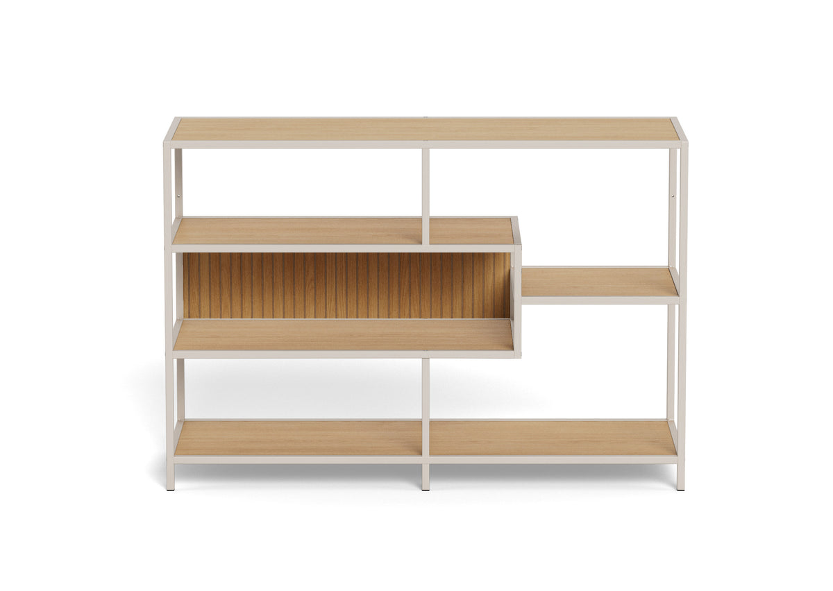 Modular shelving unit with wooden shelves on a white background