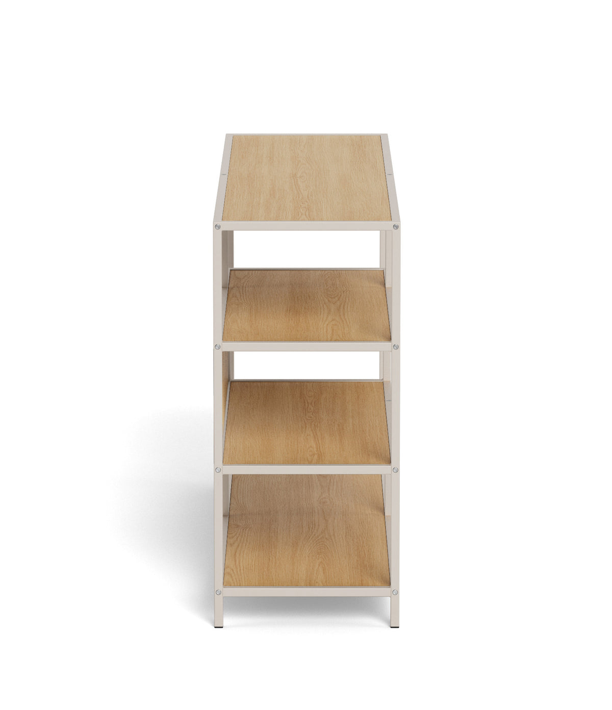 Wooden bookshelf with four shelves on a white background