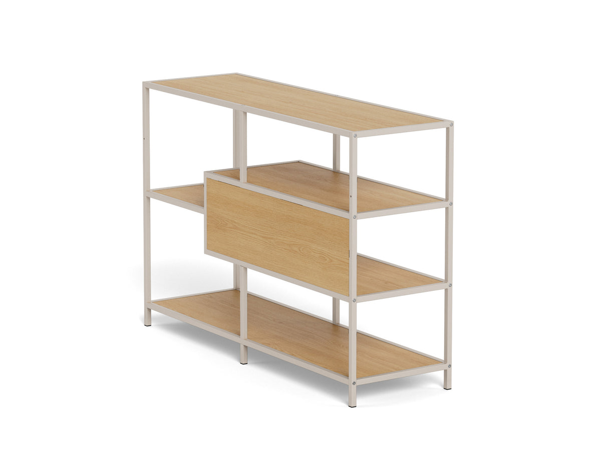 Wooden shelf with metal frame on a white background