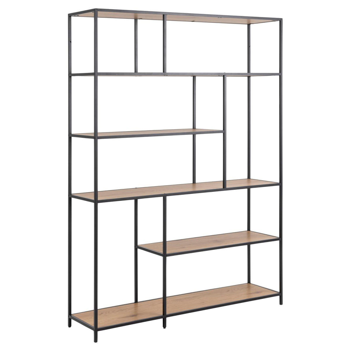 A large bookcase shelving unit with a metal frame and five wooden shelves, in a room with white walls.