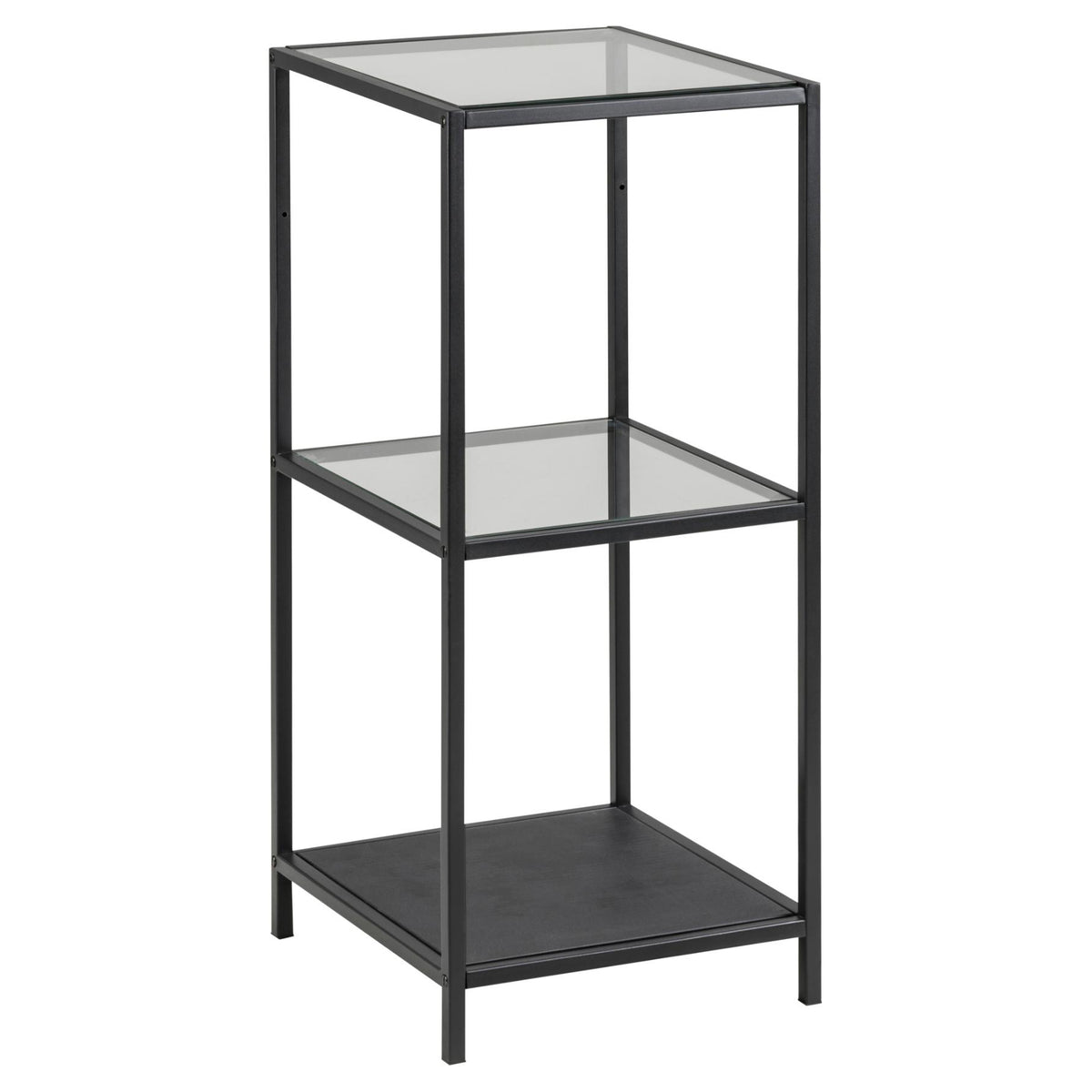A small black bookcase with metal frame and two shelves made of glass, with one shelf frosted and the other clear.