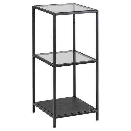 A small black bookcase with metal frame and two shelves made of glass, with one shelf frosted and the other clear.