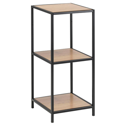 A small seaford bookcase shelf unit with a metal frame and oak wood shelves, featuring a black frame and brown wood finishes.