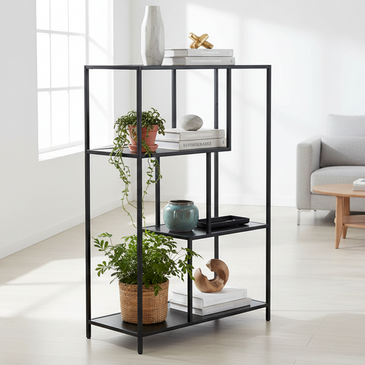 Black metal shelf with decorative items in a living room setting seaford bookcase