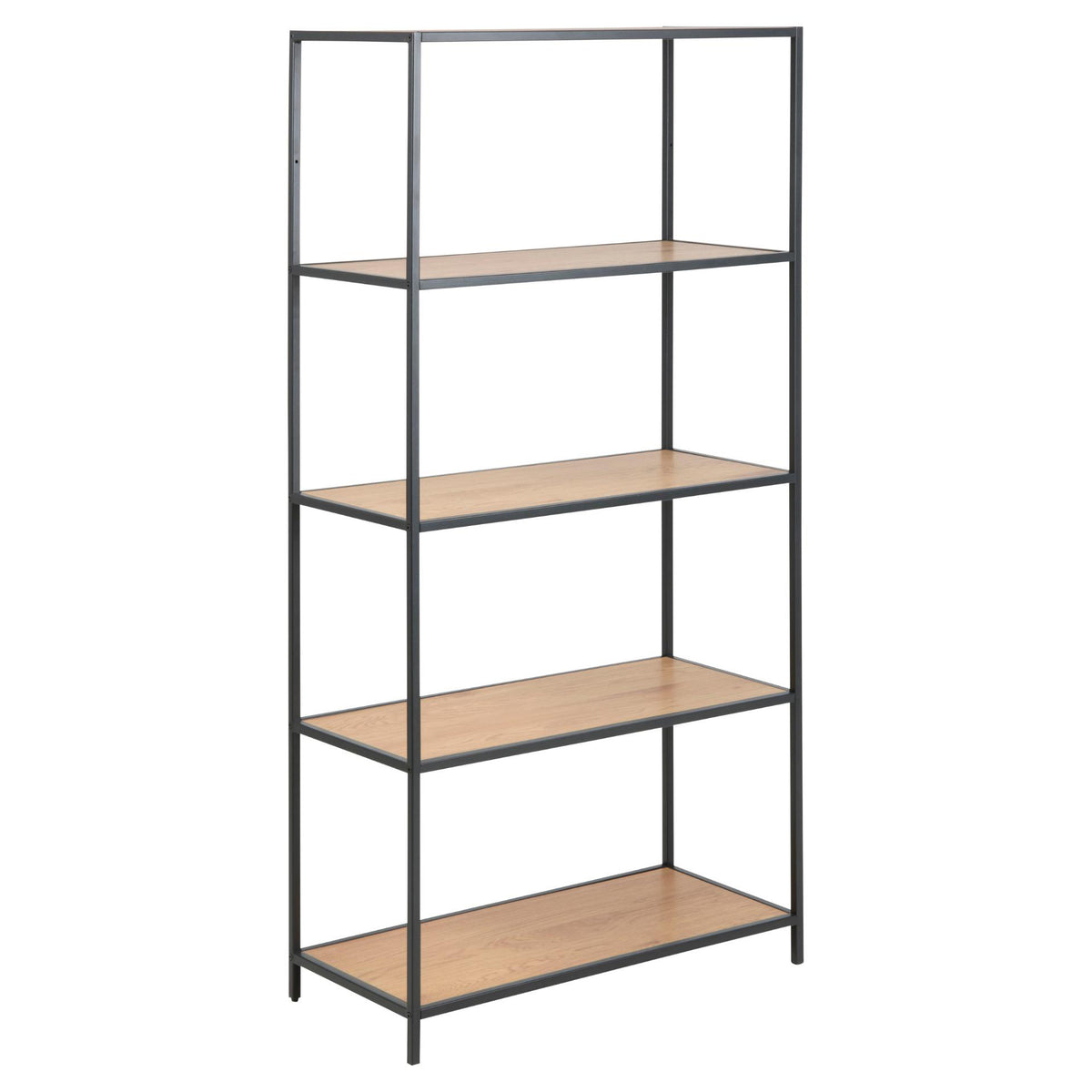 A tall bookcase with a metal frame and oak wood shelves, featuring a black finish on the frame and a natural wood color for the shelves.
