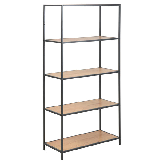 A tall bookcase with a metal frame and oak wood shelves, featuring a black finish on the frame and a natural wood color for the shelves.