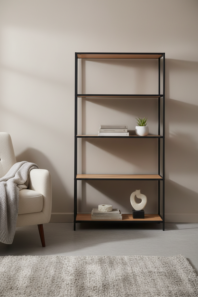 A modern 4-tier open bookcase with black metal framing and light natural wood shelves, styled with books, a small potted plant, and a decorative sculpture in a minimalist living room setting.