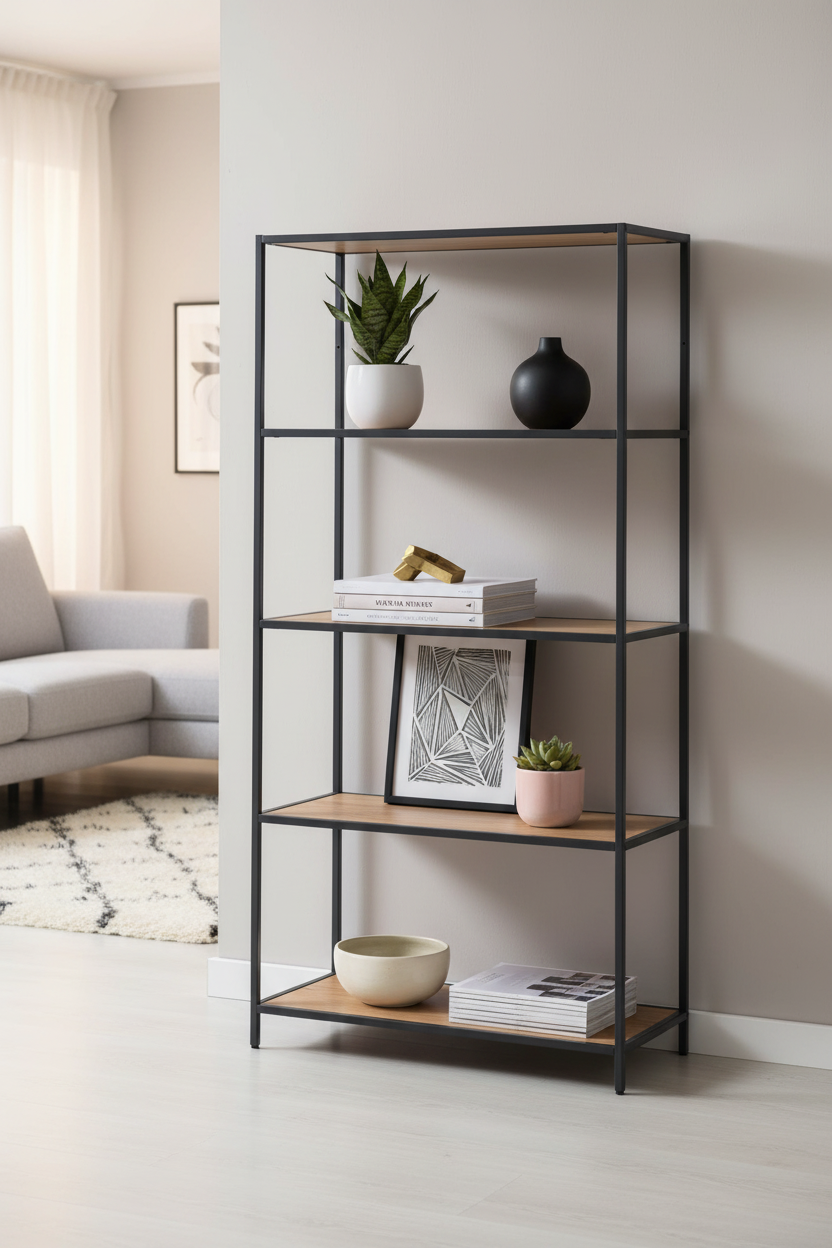 A 5-tier open bookcase with a black metal frame and light wood shelves, styled with books, vases, and plants in a modern living room setting.