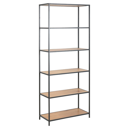 A tall seaford bookcase with a metal base and oak wood effect shelves, with five shelves in total.