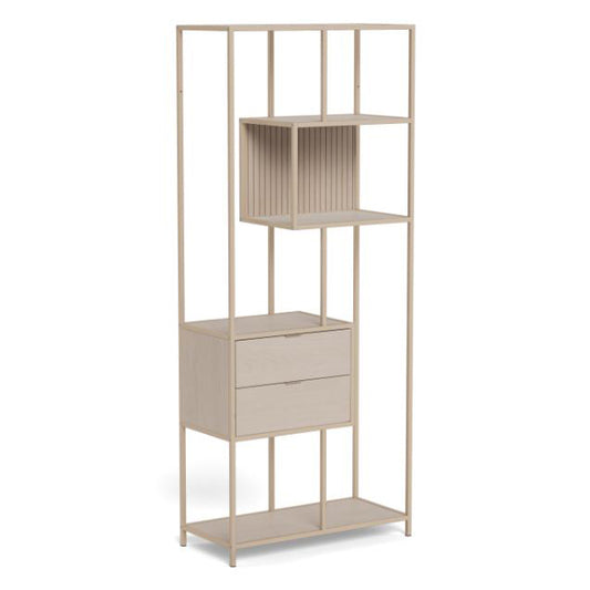 Beige metal seaford shelving unit with multiple shelves on a white background