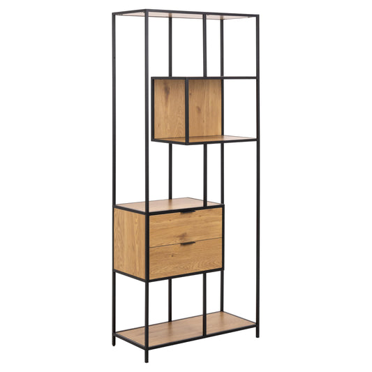 seaford bookcase with tall metal and wood shelf with multiple levels on a white background