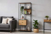 Load image into Gallery viewer, Seaford Bookcase Tall Shelving 2 Drawer Unit With 4 Shelves Brown Oak 185x77x35xcm
