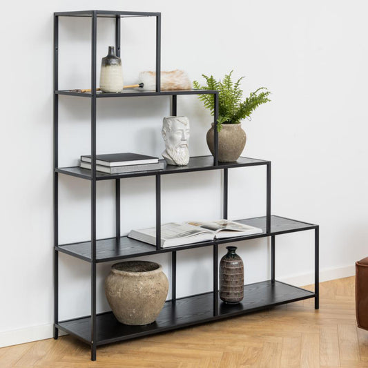 Seaford Steps Bookcase Shelving Storage Unit In Black 135x35x150 cm