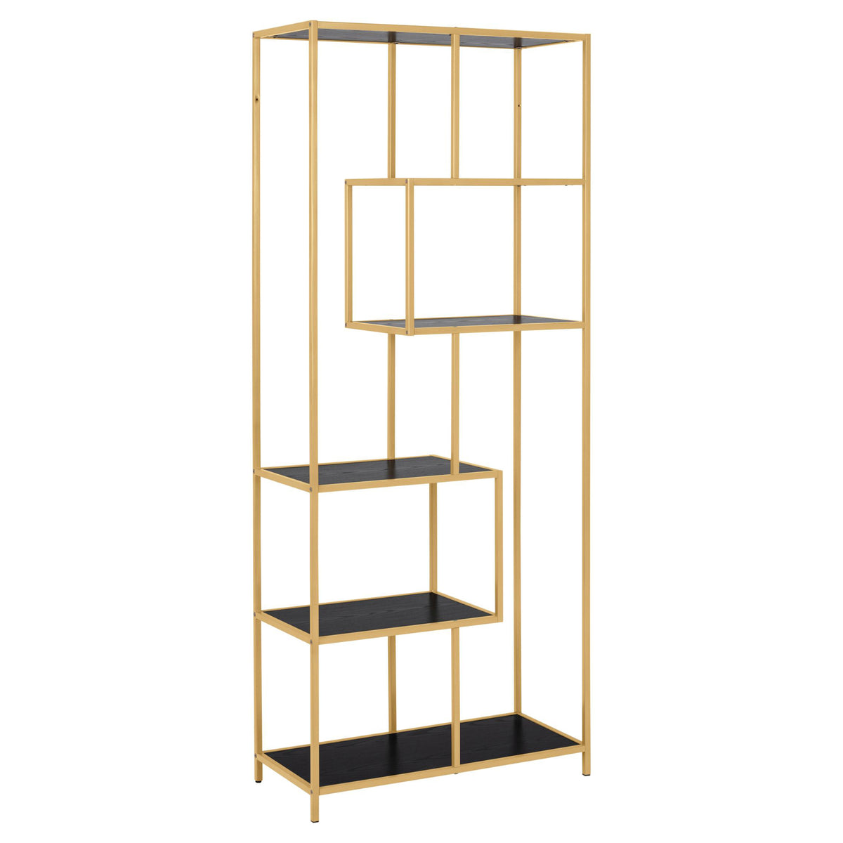 A tall bookcase with five shelves, featuring a gold-colored metal frame and black melamine shelves.