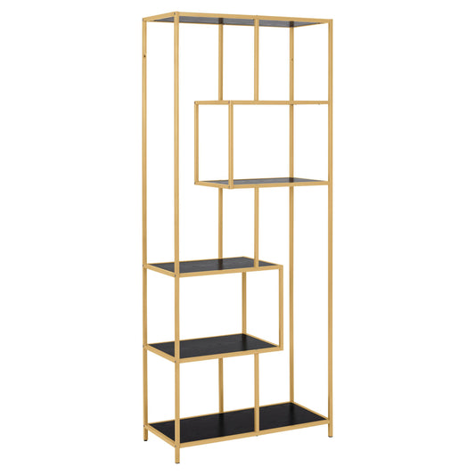 A tall bookcase with five shelves, featuring a gold-colored metal frame and black melamine shelves.