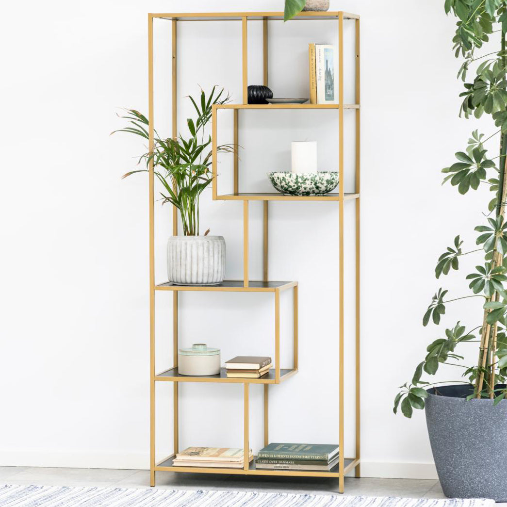 Seaford Tall Bookcase Shelving Unit With 5 Shelves In Black And Gold 77x35x185 cm