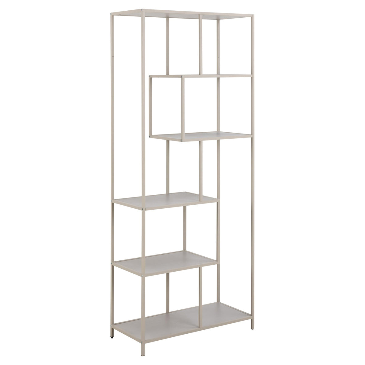 White metal shelving unit with five shelves on a white background