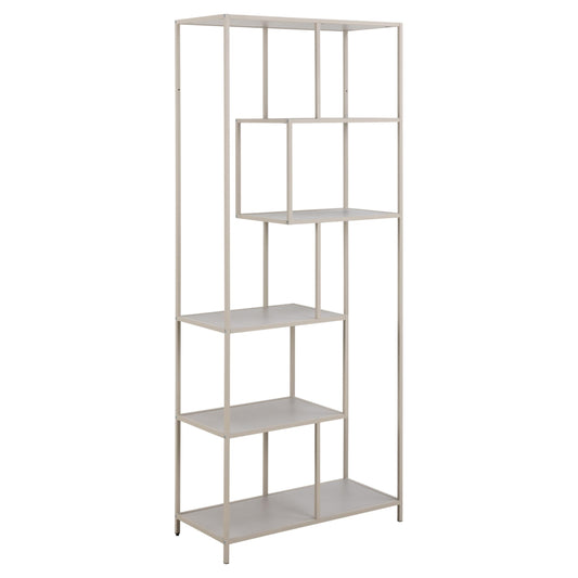 White metal shelving unit with five shelves on a white background