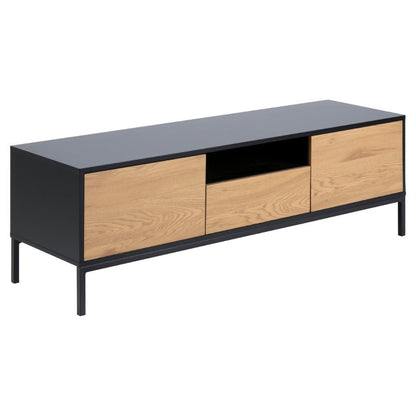 Seaford Long TV Media Unit In Black Oak With Push Doors And Drawer 140x40x45cm
