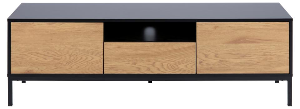 Seaford Long TV Media Unit In Black Oak With Push Doors And Drawer 140x40x45cm