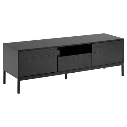 Seaford Long TV Media Unit In Black With Push Doors And Drawer 140x40x45cm