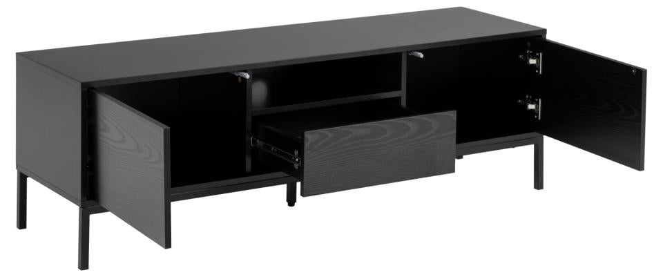 Seaford Long TV Media Unit In Black With Push Doors And Drawer 140x40x45cm