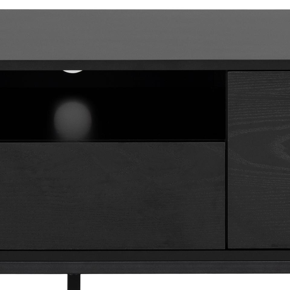 Seaford Long TV Media Unit In Black With Push Doors And Drawer 140x40x45cm