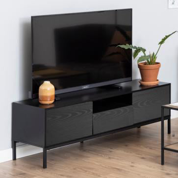 Seaford Long TV Media Unit In Black With Push Doors And Drawer 140x40x45cm
