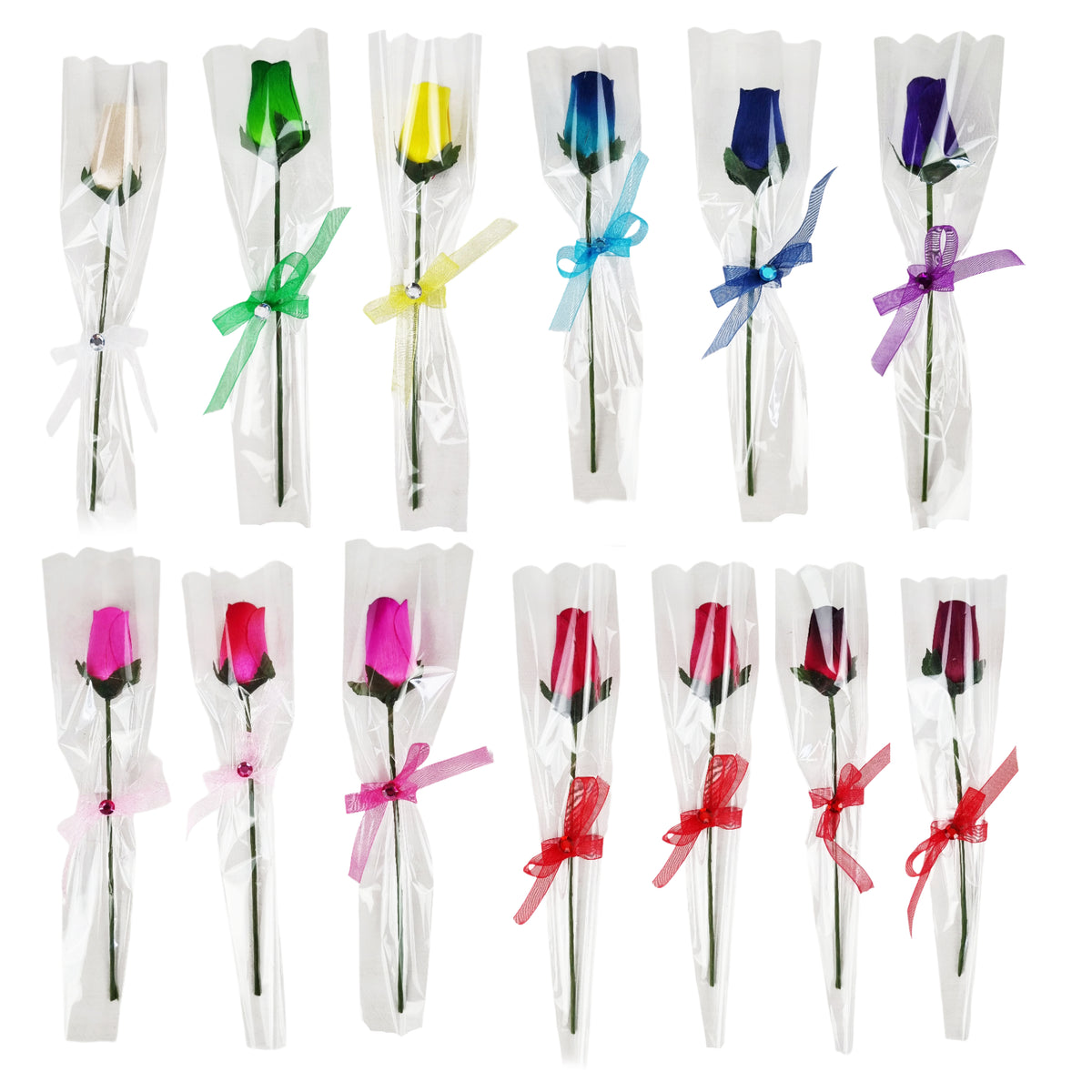 Single Wooden Rose Bud in Cellophane and Ribbon - Choose from 20 Colours