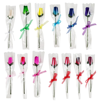 Single Wooden Rose Bud in Cellophane and Ribbon - Choose from 20 Colours