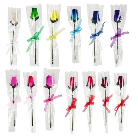Single Wooden Rose Bud in Cellophane and Ribbon - Choose from 20 Colours