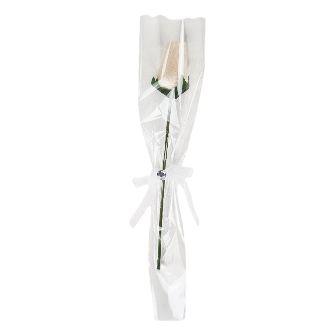 Single Wooden Rose Bud in Cellophane and Ribbon - Choose from 20 Colours
