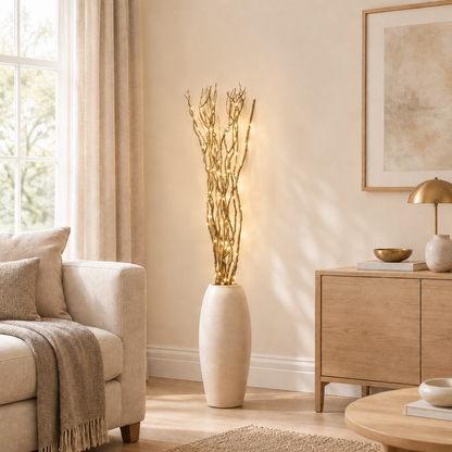 Smaller gold illuminated willow twigs in a bright elegant living room