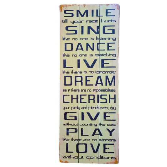 Large Wall Art Cream Words Sign Smile Sing Dance Live Dream Cherish Give Play Love 80x30cm