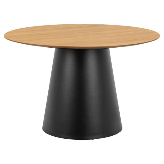 A modern round table with a light oak wood top and a wide, tapered black metal pedestal base, shown on a plain white background.