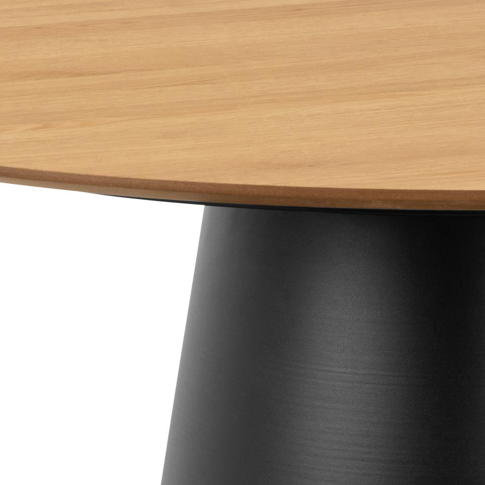 Close-up of a wooden table with a dark cylindrical base on a white background