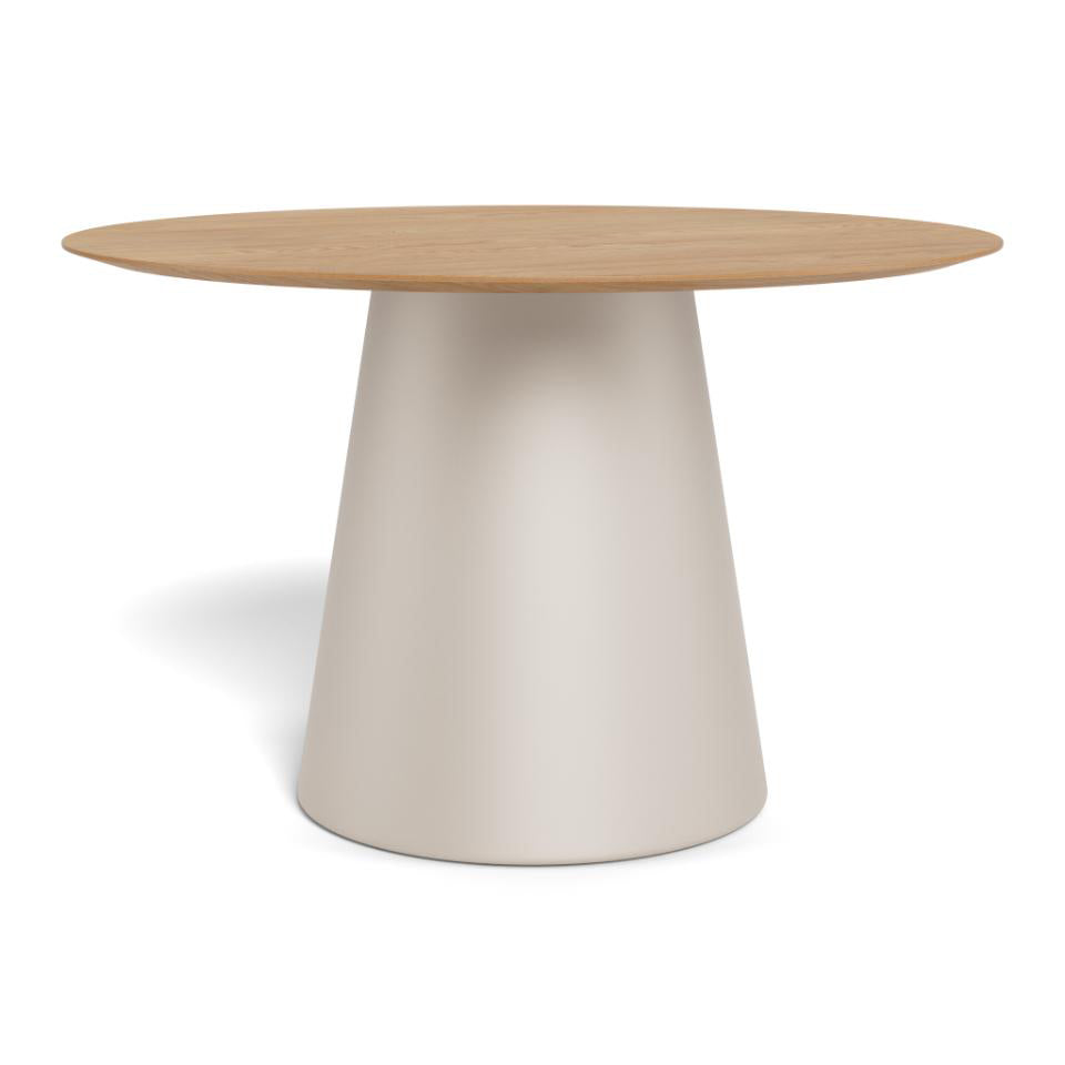 A modern round dining table featuring a light oak wood top and a tapered, matte off-white pedestal base, shown on a clean white background.