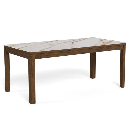 A rectangular dining table with a dark brown wood frame and a white ceramic top featuring subtle gold and gray veining, shown on a plain white background.