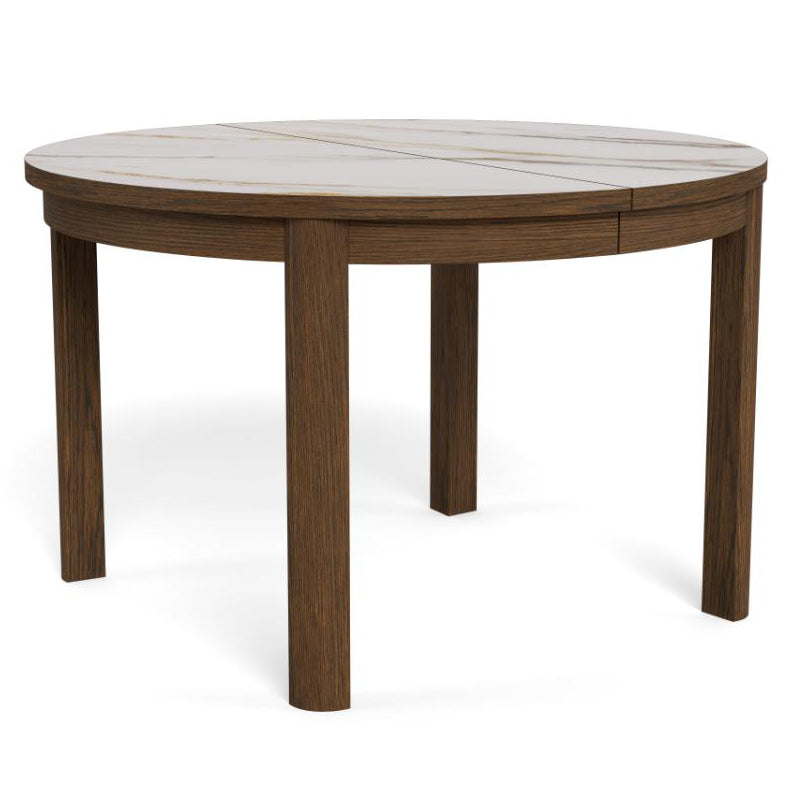A round wooden dining table with a dark brown wood-grain finish and a light beige inset top, shown on a white background.