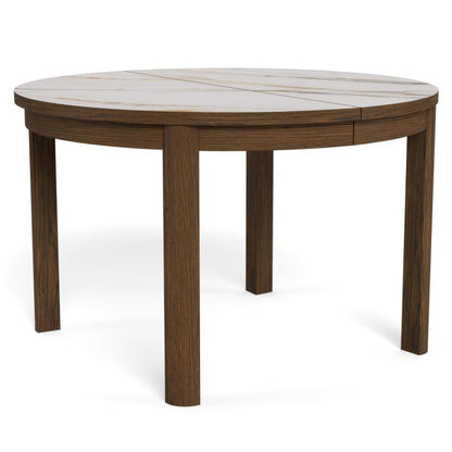 A round wooden dining table with a dark brown wood-grain finish and a light beige inset top, shown on a white background.