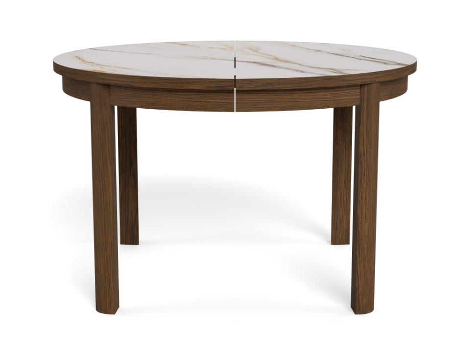Round wooden dining table with ceramic top on a white background