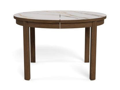 Round wooden dining table with ceramic top on a white background